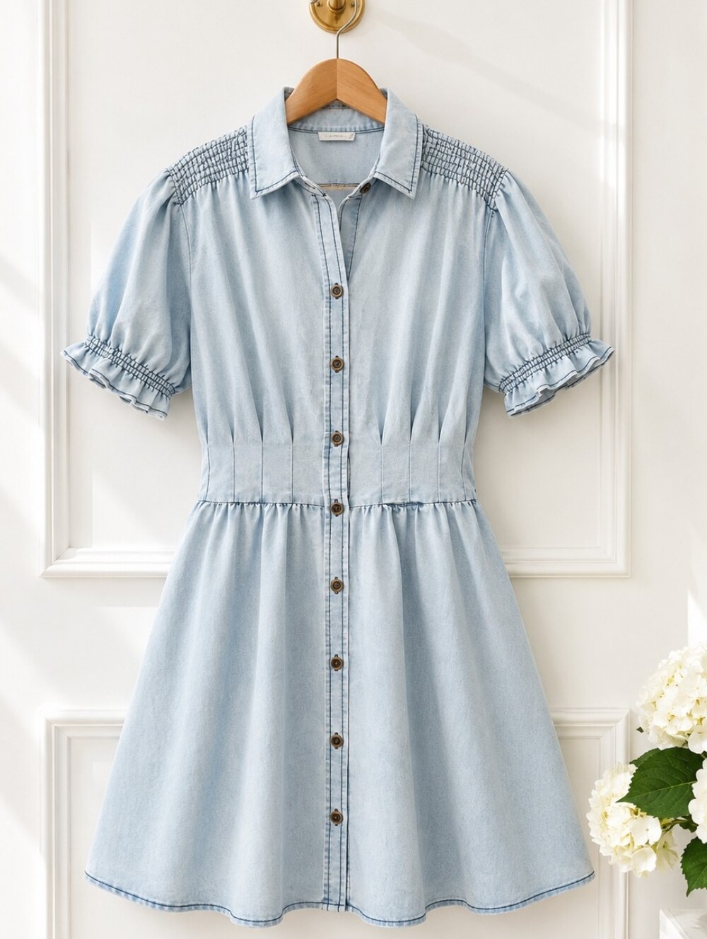Indulge Instyle Light Wash Denim Button Front Shirt Dress XL | Puff Sleeve Mini - Picture 5 of 8